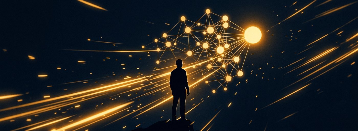 A person facing a constellation of connected nodes converging on a bright answer, representing AI search visibility