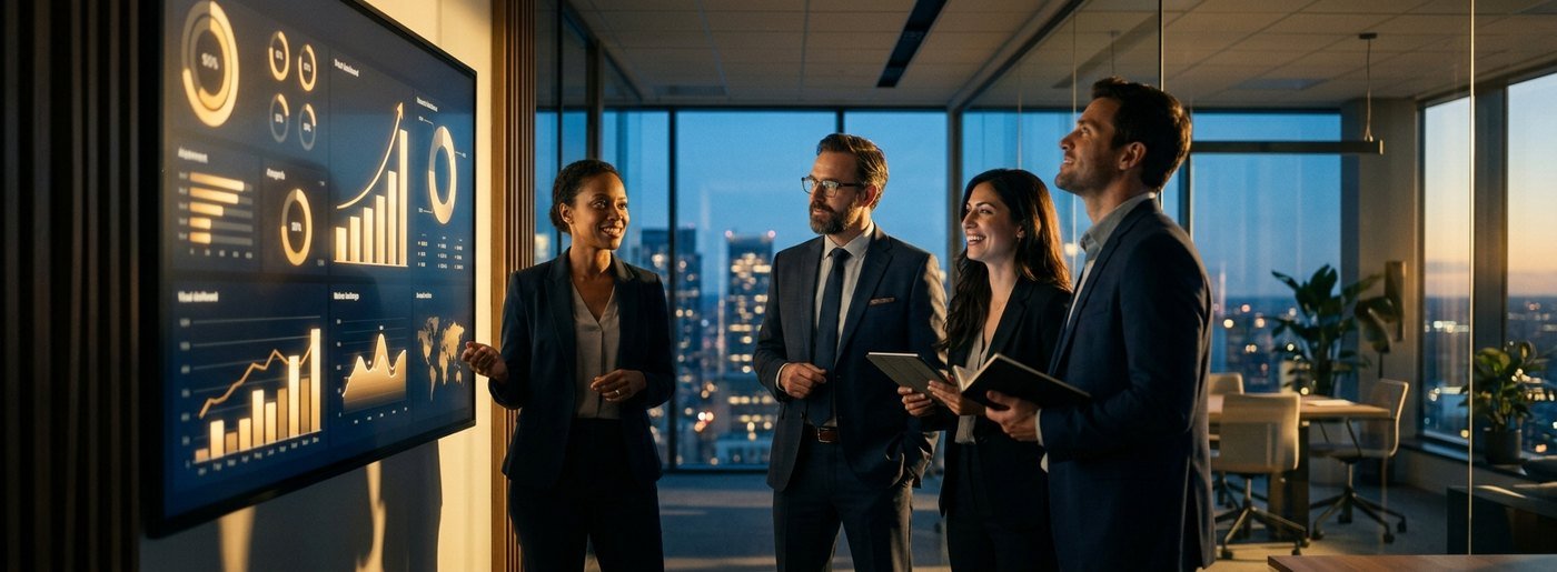 A confident team reviewing business growth results on screen