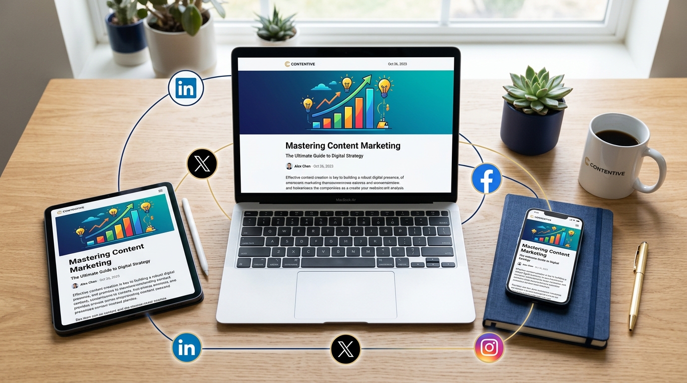 Devices connected to social media platforms showing automated content distribution