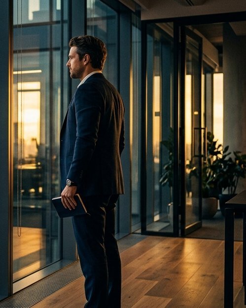 A confident business owner overlooking the city skyline at golden hour